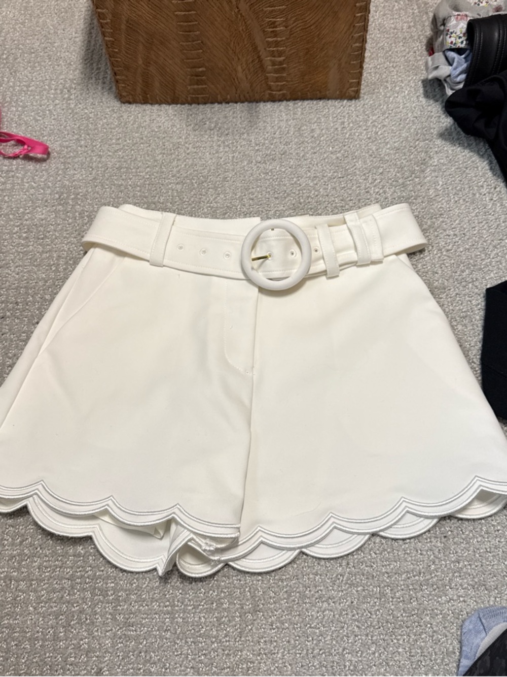 Scallop Hem High-Waist White Shorts with Belt